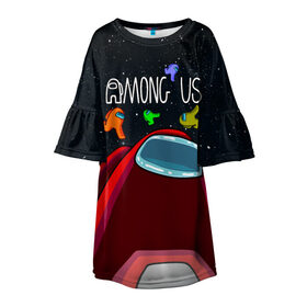 Детское платье 3D с принтом AMONG US в Новосибирске, 100% полиэстер | прямой силуэт, чуть расширенный к низу. Круглая горловина, на рукавах — воланы | among us | амонг ас | игра | космический | космический корабль | космонавт | космос | мем | среди нас | экшен
