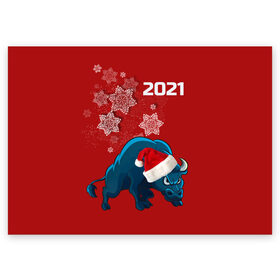 Поздравительная открытка с принтом Бык 2021 в Новосибирске, 100% бумага | плотность бумаги 280 г/м2, матовая, на обратной стороне линовка и место для марки
 | 2021 | бык | бык в шапке  санта клауса. | год быка | гороскопы | китайский гороскоп | синий бык