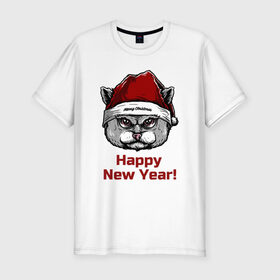 Мужская футболка хлопок Slim с принтом Злой кот Happy New Year! в Новосибирске, 92% хлопок, 8% лайкра | приталенный силуэт, круглый вырез ворота, длина до линии бедра, короткий рукав | 