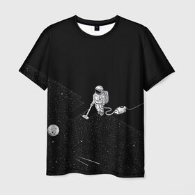Мужская футболка 3D с принтом Космический клининг в Новосибирске, 100% полиэфир | прямой крой, круглый вырез горловины, длина до линии бедер | Тематика изображения на принте: cleaner | cosmonaut | moon | space | stars | vacuum | звезды | космонавт | космос | луна | пылесос | уборка