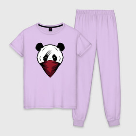 Женская пижама хлопок с принтом Панда со шрамом в Новосибирске, 100% хлопок | брюки и футболка прямого кроя, без карманов, на брюках мягкая резинка на поясе и по низу штанин | злая панда | панда | панда бандана | панда бандит | панда в бандана | панда со шрамом | панда шрам