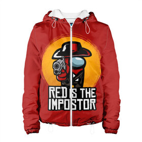 Женская куртка 3D с принтом Red Is The Impostor в Новосибирске, ткань верха — 100% полиэстер, подклад — флис | прямой крой, подол и капюшон оформлены резинкой с фиксаторами, два кармана без застежек по бокам, один большой потайной карман на груди. Карман на груди застегивается на липучку | among | among us | crewmate | dead | game | impistor | red | redemption | space | us | vote | выживший | игра | космос | красный | невиновный | предатель | самозванец