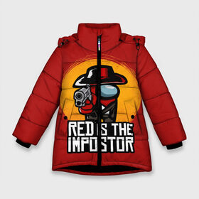 Зимняя куртка для девочек 3D с принтом Red Is The Impostor в Новосибирске, ткань верха — 100% полиэстер; подклад — 100% полиэстер, утеплитель — 100% полиэстер. | длина ниже бедра, удлиненная спинка, воротник стойка и отстегивающийся капюшон. Есть боковые карманы с листочкой на кнопках, утяжки по низу изделия и внутренний карман на молнии. 

Предусмотрены светоотражающий принт на спинке, радужный светоотражающий элемент на пуллере молнии и на резинке для утяжки. | among | among us | crewmate | dead | game | impistor | red | redemption | space | us | vote | выживший | игра | космос | красный | невиновный | предатель | самозванец