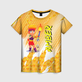Женская футболка 3D с принтом Brawl Stars - Amber в Новосибирске, 100% полиэфир ( синтетическое хлопкоподобное полотно) | прямой крой, круглый вырез горловины, длина до линии бедер | brawl | break dance | leon | moba | stars | supercell | surfing | игра | коллаборация | коллаж | паттерн