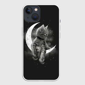 Чехол для iPhone 13 с принтом Котик на луне в Новосибирске,  |  | Тематика изображения на принте: cat | likee | tik tok | астронавт | вселенная | галактика | грозовой кошак | дым | звезда | космос | кот | кот в космосе | кот на луне | котик | кошак | кошечка | кошка | лайки | луна | милый кот | мур | мяу | облако