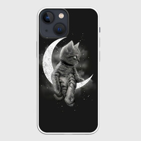 Чехол для iPhone 13 mini с принтом Котик на луне в Новосибирске,  |  | cat | likee | tik tok | астронавт | вселенная | галактика | грозовой кошак | дым | звезда | космос | кот | кот в космосе | кот на луне | котик | кошак | кошечка | кошка | лайки | луна | милый кот | мур | мяу | облако