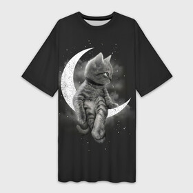 Платье-футболка 3D с принтом Котик на луне в Новосибирске,  |  | cat | likee | tik tok | астронавт | вселенная | галактика | грозовой кошак | дым | звезда | космос | кот | кот в космосе | кот на луне | котик | кошак | кошечка | кошка | лайки | луна | милый кот | мур | мяу | облако