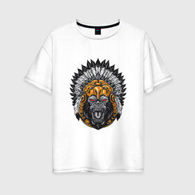 Женская футболка хлопок Oversize с принтом Шаман обезьян в Новосибирске, 100% хлопок | свободный крой, круглый ворот, спущенный рукав, длина до линии бедер
 | арт | дикий | дикий зверь | дикое животное | зверь | индеец | индейцы | обезьяна | рисунок | шимпанзе