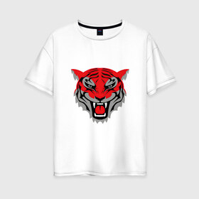 Женская футболка хлопок Oversize с принтом Оскалившийся тигр в Новосибирске, 100% хлопок | свободный крой, круглый ворот, спущенный рукав, длина до линии бедер
 | арт | красный | опасно | опасное животное | опасность | опасный зверь | оскал | рисунок | тигр