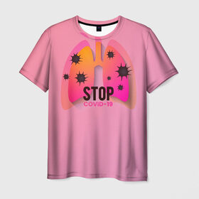 Мужская футболка 3D с принтом Stop COVID-19 в Новосибирске, 100% полиэфир | прямой крой, круглый вырез горловины, длина до линии бедер | 19 | bacteria | covid | red | stop | анти | бактерии | бактерия | вирус | ковид | корона | короно | красный | легкие | маска | медицинская | стоп