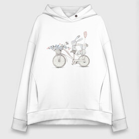 Женское худи Oversize хлопок с принтом Кролики на велосипеде в Новосибирске, френч-терри — 70% хлопок, 30% полиэстер. Мягкий теплый начес внутри —100% хлопок | боковые карманы, эластичные манжеты и нижняя кромка, капюшон на магнитной кнопке | ball | bike | bunny | flowers | велосипед | зайчики | кролики | цветы | шарик