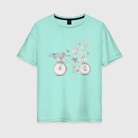 Женская футболка хлопок Oversize с принтом Кролики на велосипеде в Новосибирске, 100% хлопок | свободный крой, круглый ворот, спущенный рукав, длина до линии бедер
 | Тематика изображения на принте: ball | bike | bunny | flowers | велосипед | зайчики | кролики | цветы | шарик