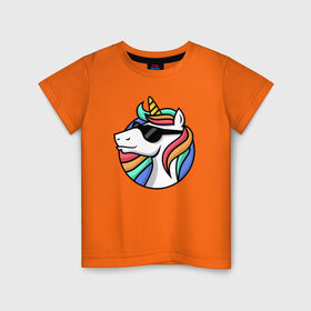 Детская футболка хлопок с принтом Стильный единорог в Новосибирске, 100% хлопок | круглый вырез горловины, полуприлегающий силуэт, длина до линии бедер | rainbow | unicorn | единорог | очки | радуга