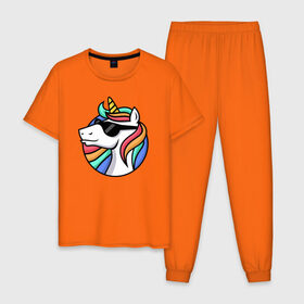 Мужская пижама хлопок с принтом Стильный единорог в Новосибирске, 100% хлопок | брюки и футболка прямого кроя, без карманов, на брюках мягкая резинка на поясе и по низу штанин
 | rainbow | unicorn | единорог | очки | радуга