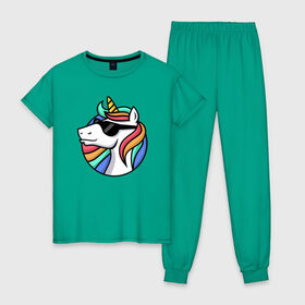 Женская пижама хлопок с принтом Стильный единорог в Новосибирске, 100% хлопок | брюки и футболка прямого кроя, без карманов, на брюках мягкая резинка на поясе и по низу штанин | rainbow | unicorn | единорог | очки | радуга
