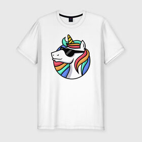 Мужская футболка хлопок Slim с принтом Стильный единорог в Новосибирске, 92% хлопок, 8% лайкра | приталенный силуэт, круглый вырез ворота, длина до линии бедра, короткий рукав | Тематика изображения на принте: rainbow | unicorn | единорог | очки | радуга