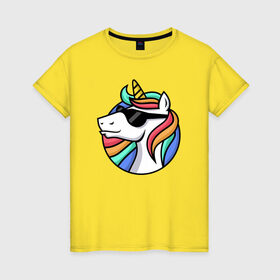 Женская футболка хлопок с принтом Стильный единорог в Новосибирске, 100% хлопок | прямой крой, круглый вырез горловины, длина до линии бедер, слегка спущенное плечо | Тематика изображения на принте: rainbow | unicorn | единорог | очки | радуга