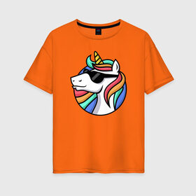 Женская футболка хлопок Oversize с принтом Стильный единорог в Новосибирске, 100% хлопок | свободный крой, круглый ворот, спущенный рукав, длина до линии бедер
 | Тематика изображения на принте: rainbow | unicorn | единорог | очки | радуга