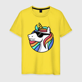 Мужская футболка хлопок с принтом Стильный единорог в Новосибирске, 100% хлопок | прямой крой, круглый вырез горловины, длина до линии бедер, слегка спущенное плечо. | Тематика изображения на принте: rainbow | unicorn | единорог | очки | радуга