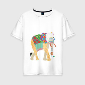 Женская футболка хлопок Oversize с принтом Слон из заплаток в Новосибирске, 100% хлопок | свободный крой, круглый ворот, спущенный рукав, длина до линии бедер
 | elephant | pattern | круг | лоскуты | ромб | слон | узор