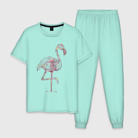 Мужская пижама хлопок с принтом Узорчатый фламинго в Новосибирске, 100% хлопок | брюки и футболка прямого кроя, без карманов, на брюках мягкая резинка на поясе и по низу штанин
 | bird | flamingo | spiral | птица | спираль | узор | фламинго