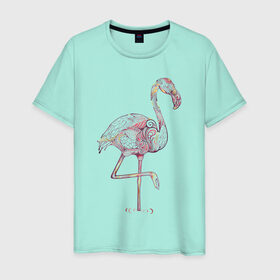 Мужская футболка хлопок с принтом Узорчатый фламинго в Новосибирске, 100% хлопок | прямой крой, круглый вырез горловины, длина до линии бедер, слегка спущенное плечо. | Тематика изображения на принте: bird | flamingo | spiral | птица | спираль | узор | фламинго
