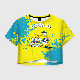 Женская футболка Crop-top 3D с принтом Donald duck(Рыбалка) в Новосибирске, 100% полиэстер | круглая горловина, длина футболки до линии талии, рукава с отворотами | donald duck | walt disney | герой | мультфильмов | рыбалка | селезень | студии