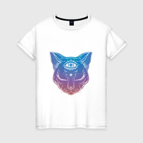 Женская футболка хлопок с принтом Просветлённый кот в Новосибирске, 100% хлопок | прямой крой, круглый вырез горловины, длина до линии бедер, слегка спущенное плечо | арт | глаз | градиент | кот | кошка | мудрость | просветлённый | рисунок | третий глаз