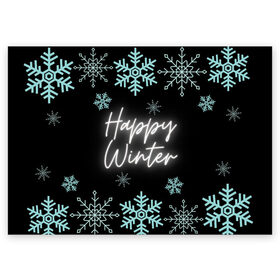 Поздравительная открытка с принтом Happy Winter в Новосибирске, 100% бумага | плотность бумаги 280 г/м2, матовая, на обратной стороне линовка и место для марки
 | Тематика изображения на принте: happy | winter | зеленый | зима | небо | ночь | северное сияние | синий | снег | счастье