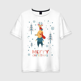 Женская футболка хлопок Oversize с принтом Merry Christmas (Собачки) в Новосибирске, 100% хлопок | свободный крой, круглый ворот, спущенный рукав, длина до линии бедер
 | 