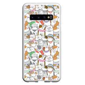 Чехол для Samsung Galaxy S10 с принтом Большая семья котиков в Новосибирске, Силикон | Область печати: задняя сторона чехла, без боковых панелей | bow | cat | scarf | spots | бант | косынка | кот | полоски | пятна | улыбки | шапка | шарф