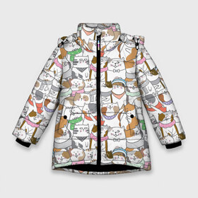Зимняя куртка для девочек 3D с принтом Большая семья котиков в Новосибирске, ткань верха — 100% полиэстер; подклад — 100% полиэстер, утеплитель — 100% полиэстер. | длина ниже бедра, удлиненная спинка, воротник стойка и отстегивающийся капюшон. Есть боковые карманы с листочкой на кнопках, утяжки по низу изделия и внутренний карман на молнии. 

Предусмотрены светоотражающий принт на спинке, радужный светоотражающий элемент на пуллере молнии и на резинке для утяжки. | Тематика изображения на принте: bow | cat | scarf | spots | бант | косынка | кот | полоски | пятна | улыбки | шапка | шарф