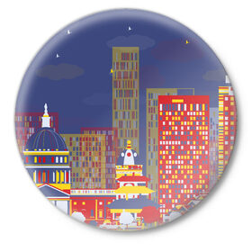 Значок с принтом Зимний мегаполис в Новосибирске,  металл | круглая форма, металлическая застежка в виде булавки | Тематика изображения на принте: 