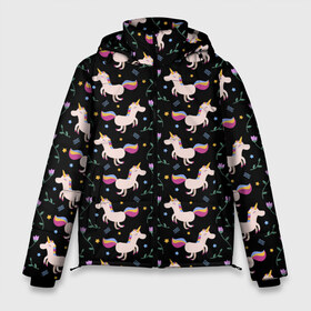 Мужская зимняя куртка 3D с принтом Unicorns pattern в Новосибирске, верх — 100% полиэстер; подкладка — 100% полиэстер; утеплитель — 100% полиэстер | длина ниже бедра, свободный силуэт Оверсайз. Есть воротник-стойка, отстегивающийся капюшон и ветрозащитная планка. 

Боковые карманы с листочкой на кнопках и внутренний карман на молнии. | flower | hoofs | horn | leaf | mane | pattern | star | unicorn | грива | единорог | звезда | копыта | лист | рог | узор | цветок