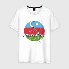 Мужская футболка хлопок с принтом Азербайджан в Новосибирске, 100% хлопок | прямой крой, круглый вырез горловины, длина до линии бедер, слегка спущенное плечо. | Тематика изображения на принте: azerbaijan | baku | азер | азербайджан | баку | герб | страна | флаг
