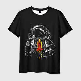 Мужская футболка 3D с принтом Космонавт в Новосибирске, 100% полиэфир | прямой крой, круглый вырез горловины, длина до линии бедер | art | astronaut | cosmonaut | man | rocket | shuttle | space | арт | астронавт | космонавт | космос | ракета | человек | шаттл