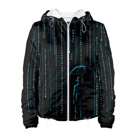 Женская куртка 3D с принтом Двоичный дождь, матрица в Новосибирске, ткань верха — 100% полиэстер, подклад — флис | прямой крой, подол и капюшон оформлены резинкой с фиксаторами, два кармана без застежек по бокам, один большой потайной карман на груди. Карман на груди застегивается на липучку | 1 | banksy | matrix | бэнкси | двоичный код | дожди | дождливая погода | дождь | матрица | программма