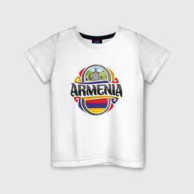 Детская футболка хлопок с принтом Армения в Новосибирске, 100% хлопок | круглый вырез горловины, полуприлегающий силуэт, длина до линии бедер | armenia | арарат | армения | герб | горы | лев | страна | флаг | шашлык