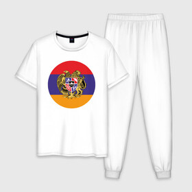 Мужская пижама хлопок с принтом Армения в Новосибирске, 100% хлопок | брюки и футболка прямого кроя, без карманов, на брюках мягкая резинка на поясе и по низу штанин
 | Тематика изображения на принте: armenia | арарат | армения | герб | горы | лев | страна | флаг | шашлык