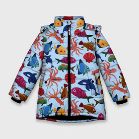 Зимняя куртка для девочек 3D с принтом Подводный мир в Новосибирске, ткань верха — 100% полиэстер; подклад — 100% полиэстер, утеплитель — 100% полиэстер. | длина ниже бедра, удлиненная спинка, воротник стойка и отстегивающийся капюшон. Есть боковые карманы с листочкой на кнопках, утяжки по низу изделия и внутренний карман на молнии. 

Предусмотрены светоотражающий принт на спинке, радужный светоотражающий элемент на пуллере молнии и на резинке для утяжки. | акулы | голубая футболка | дельфины | детская | киты | море | морские жители | океан | осьминог | прикольная | ракушка | ракушки | река | рыба | рыбы