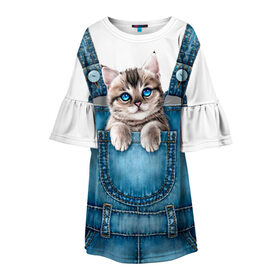 Детское платье 3D с принтом КОТЕНОК В КАРМАНЕ в Новосибирске, 100% полиэстер | прямой силуэт, чуть расширенный к низу. Круглая горловина, на рукавах — воланы | Тематика изображения на принте: cat | барсик | девочкам | джинсы | карман | киса | комбинезон | костюм | кот | котенок | котик | кошка | красиво | мило | мяу | одежда