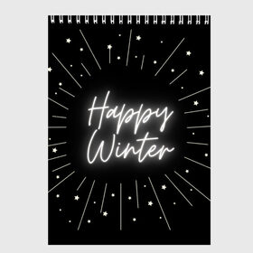 Скетчбук с принтом Happy Winter в Новосибирске, 100% бумага
 | 48 листов, плотность листов — 100 г/м2, плотность картонной обложки — 250 г/м2. Листы скреплены сверху удобной пружинной спиралью | happy | winte | звезды | зима | небо | снег | черно белый | черный