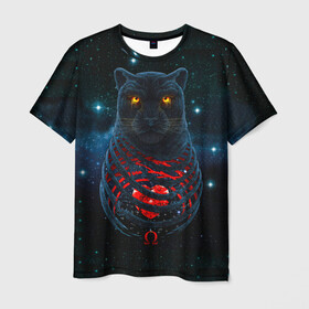 Мужская футболка 3D с принтом Пантера в Новосибирске, 100% полиэфир | прямой крой, круглый вырез горловины, длина до линии бедер | Тематика изображения на принте: cosmos | вселенная | галактика | животное | зверь | клыки | когти | космонавт | космос | пантера | планета | сердце | след | хищник | черная пантера