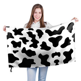 Флаг 3D с принтом Му-му в Новосибирске, 100% полиэстер | плотность ткани — 95 г/м2, размер — 67 х 109 см. Принт наносится с одной стороны | абстракция | бык | кожа коровы | корова | му му | пятна | черно белое | черно белые пятна