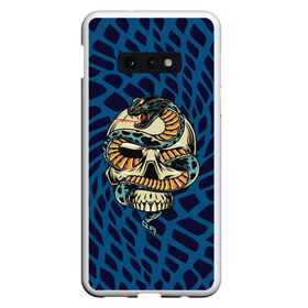 Чехол для Samsung S10E с принтом Snake&Skull в Новосибирске, Силикон | Область печати: задняя сторона чехла, без боковых панелей | Тематика изображения на принте: fangs | jaw | orbits | skull | snake | sting | teeth | глазницы | жало | змея | зубы | клыки | пасть | череп