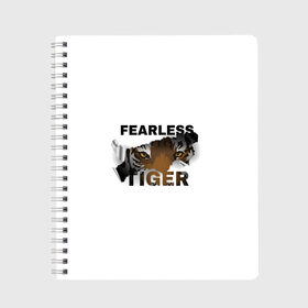 Тетрадь с принтом Fearless tiger в Новосибирске, 100% бумага | 48 листов, плотность листов — 60 г/м2, плотность картонной обложки — 250 г/м2. Листы скреплены сбоку удобной пружинной спиралью. Уголки страниц и обложки скругленные. Цвет линий — светло-серый
 | Тематика изображения на принте: fearless tiger | бесстрашный тигр | животные | звери | тигр | хищник