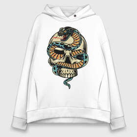 Женское худи Oversize хлопок с принтом Snake&Skull в Новосибирске, френч-терри — 70% хлопок, 30% полиэстер. Мягкий теплый начес внутри —100% хлопок | боковые карманы, эластичные манжеты и нижняя кромка, капюшон на магнитной кнопке | Тематика изображения на принте: fangs | jaw | orbits | skull | snake | sting | teeth | глазницы | жало | змея | зубы | клыки | пасть | череп