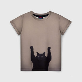 Детская футболка 3D с принтом Кот сдается в Новосибирске, 100% гипоаллергенный полиэфир | прямой крой, круглый вырез горловины, длина до линии бедер, чуть спущенное плечо, ткань немного тянется | Тематика изображения на принте: cat | арест | испуг | кот | руки вверх | черный кот