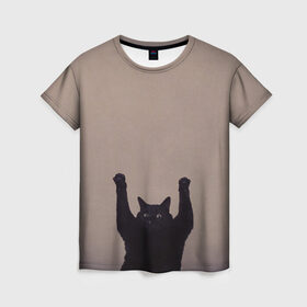 Женская футболка 3D с принтом Кот сдается в Новосибирске, 100% полиэфир ( синтетическое хлопкоподобное полотно) | прямой крой, круглый вырез горловины, длина до линии бедер | cat | арест | испуг | кот | руки вверх | черный кот