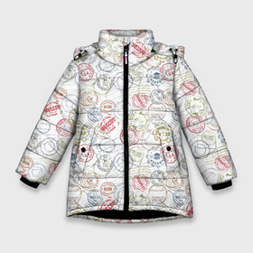 Зимняя куртка для девочек 3D с принтом Штампы мира в Новосибирске, ткань верха — 100% полиэстер; подклад — 100% полиэстер, утеплитель — 100% полиэстер. | длина ниже бедра, удлиненная спинка, воротник стойка и отстегивающийся капюшон. Есть боковые карманы с листочкой на кнопках, утяжки по низу изделия и внутренний карман на молнии. 

Предусмотрены светоотражающий принт на спинке, радужный светоотражающий элемент на пуллере молнии и на резинке для утяжки. | amsterdam | bern | budapest | cairo | dublin | helsinki | london | madrid | moscow | paris | rome | stamp | амстердам | берн | будапешт | дублин | каир | лондон | мадрид | москва | париж | рим | хельсинки | штамп